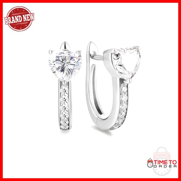 Sterling Silver Moissanite Hoop Earrings 15mm D VVS1 Heart Design